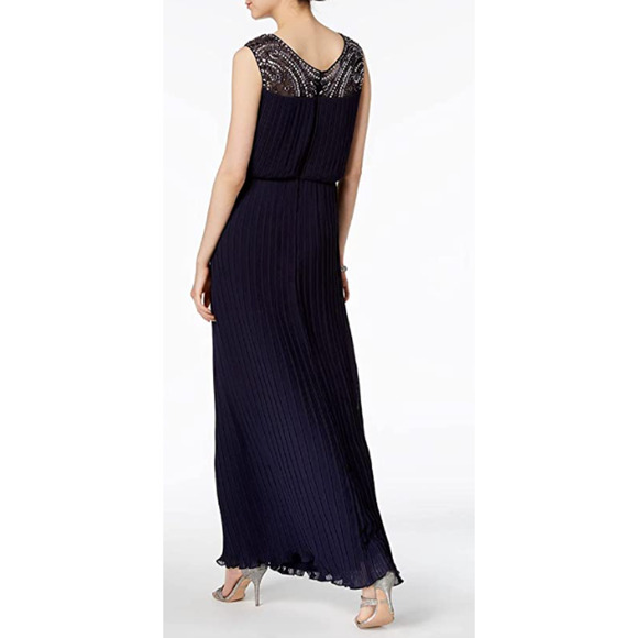 Alex Evenings Women's Pleated Dress Beaded Neckline Formal NAVY Blue 10 NEW $229 - Picture 4 of 9